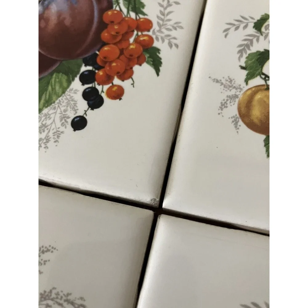 Vintage '70s Dal-Tile Carved Wooden Serving Tray with Ceramic Fruit Tiles Trivet